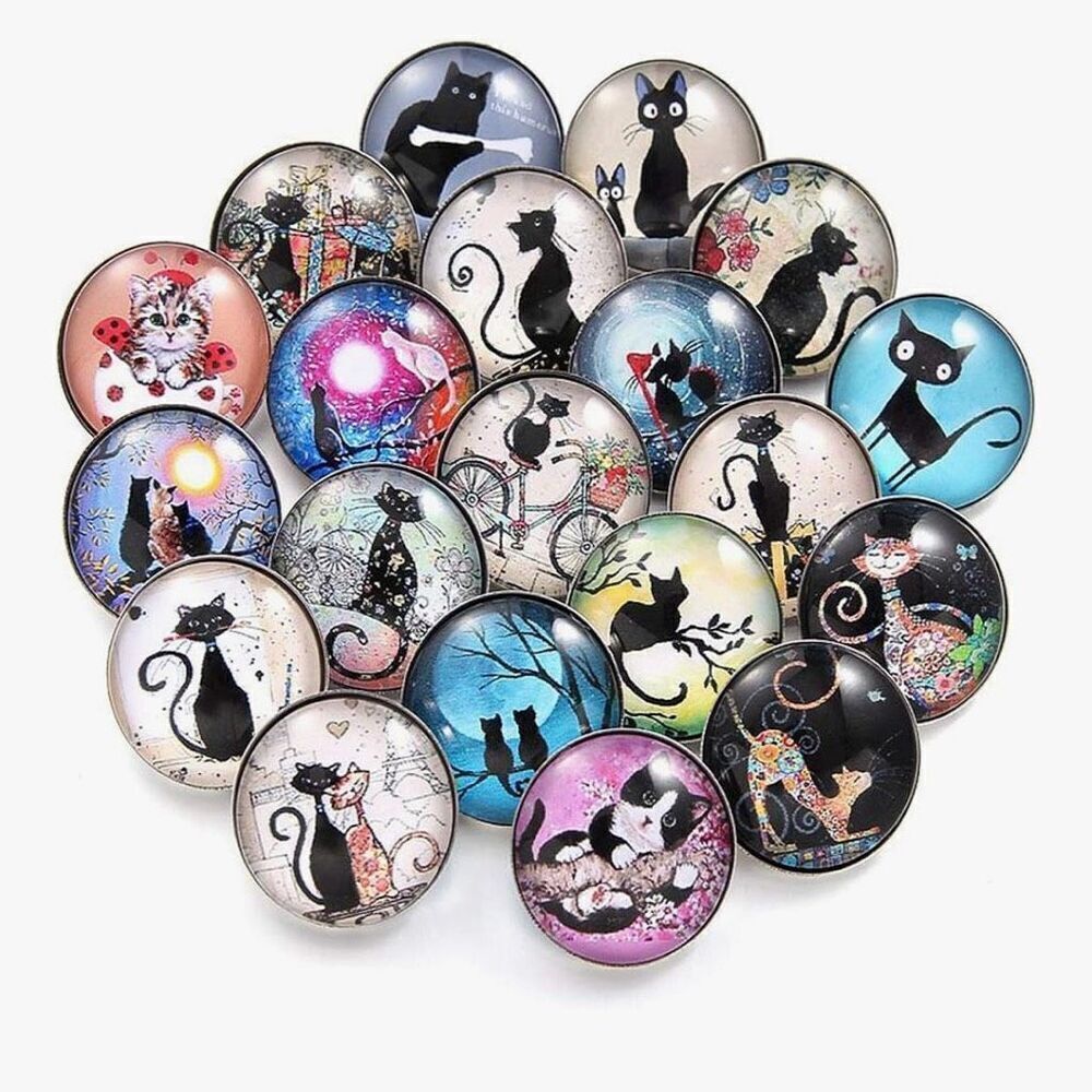 20PCS Cat Snap Button Charms Interchangeable For Necklace And Bracelet Glass